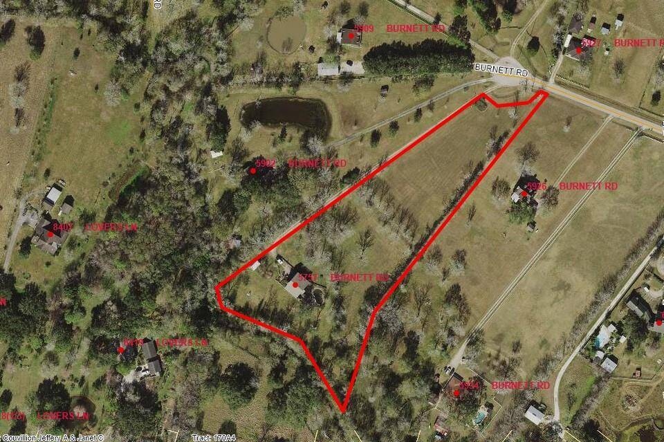 This aerial view shows the approximate boundaries. There is no survey and it's an estate sale. Chocolate Bayou runs along the rear property line.