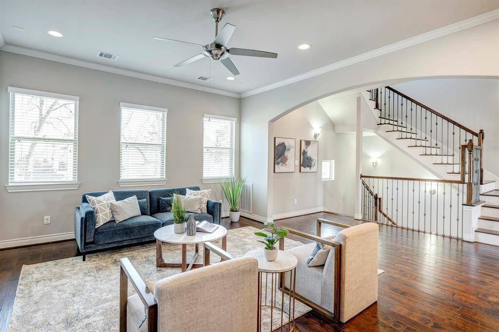 Another angle of the light and bright living room.
