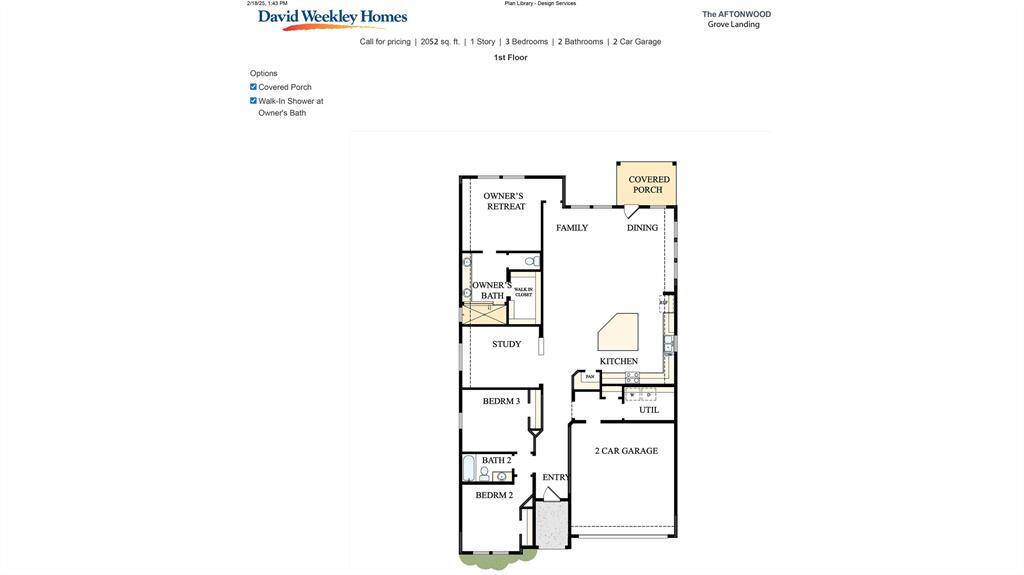 The David Weekley Aftonwood floorplan and included options as selected at closing.