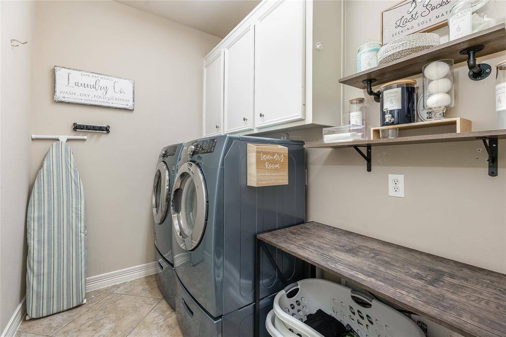 Efficient and charming laundry area with ample shelving, perfect for a busy family.