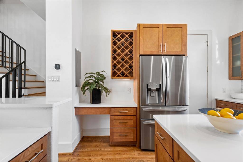 Tucked away is a work station or space for a morning coffee bar.