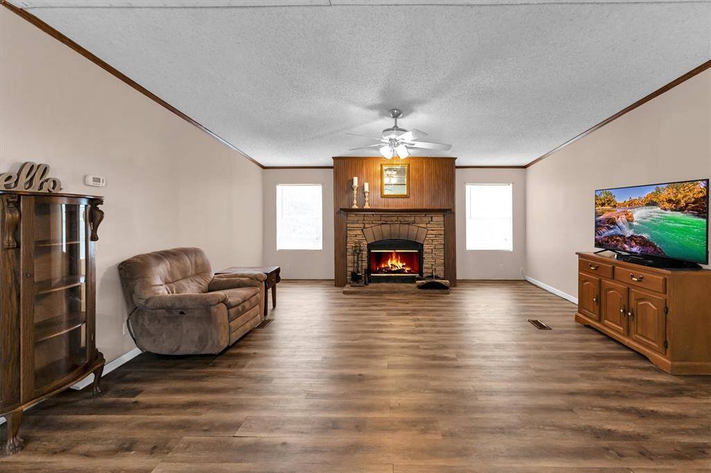 Large open living room with fire place