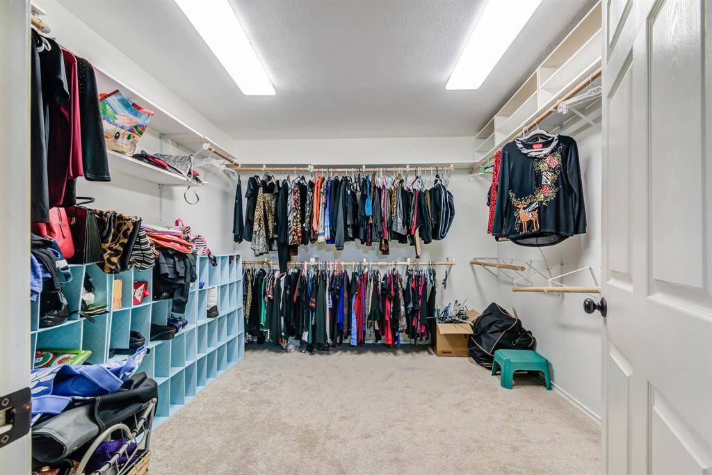 Spacious walk-in closet with ample shelving and hanging space, carpeted flooring, and bright overhead lighting.