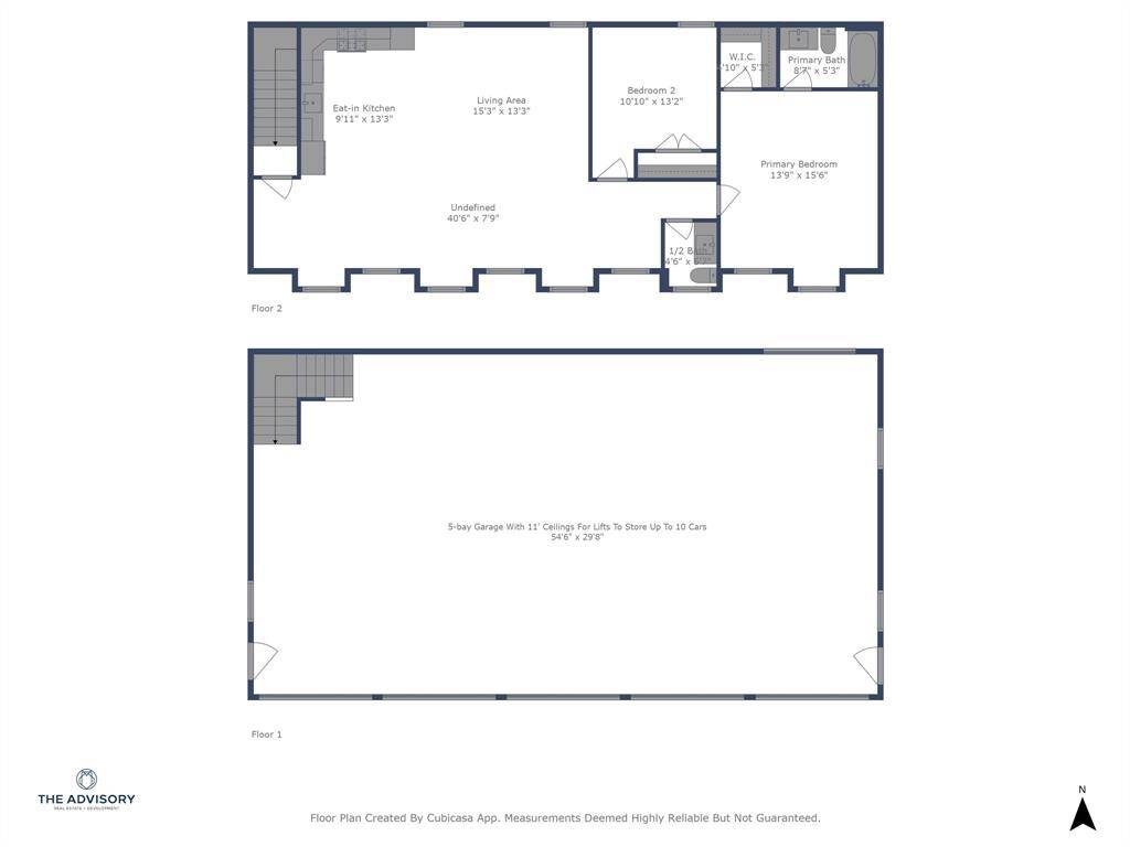 This is the floor plan for the detached 5 bay garage and upstairs 2 bedroom, 1.5 bath, 1,134 square foot apartment!