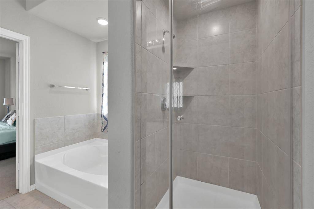 Primary modern bathroom with a tiled walk-in shower & a separate bathtub