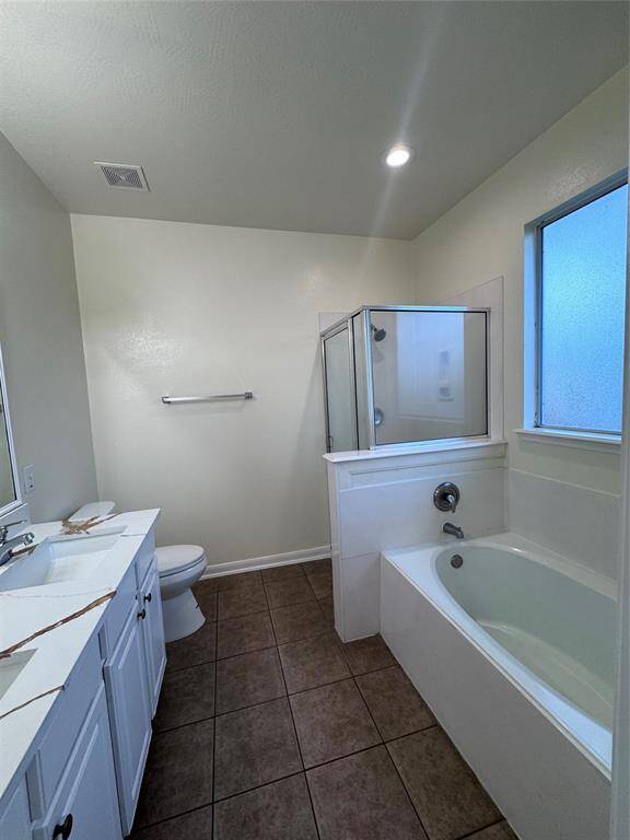 Double vanity sink with separate standing shower and tub