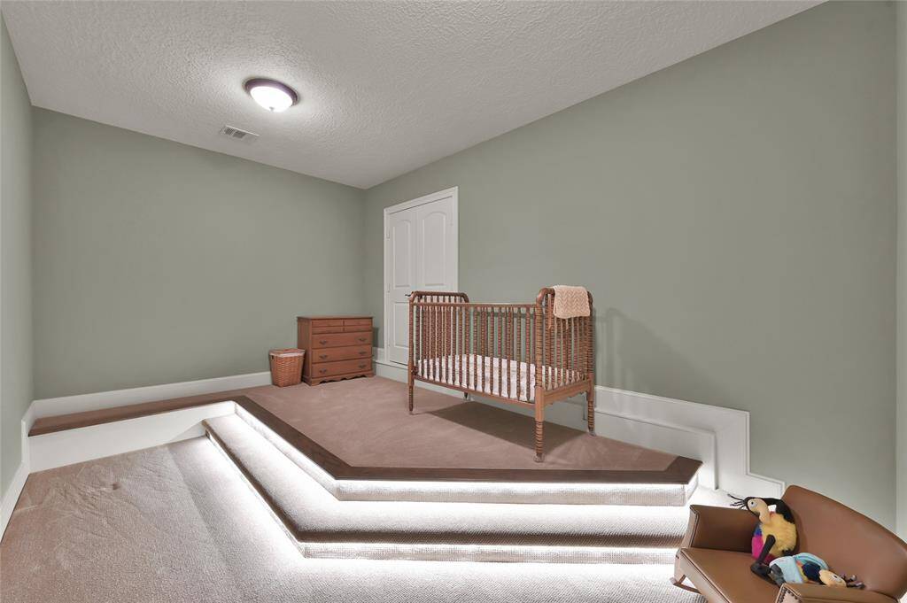 Extra flex space features lighted tiered landing and access to one of two oversized Texas Basements.