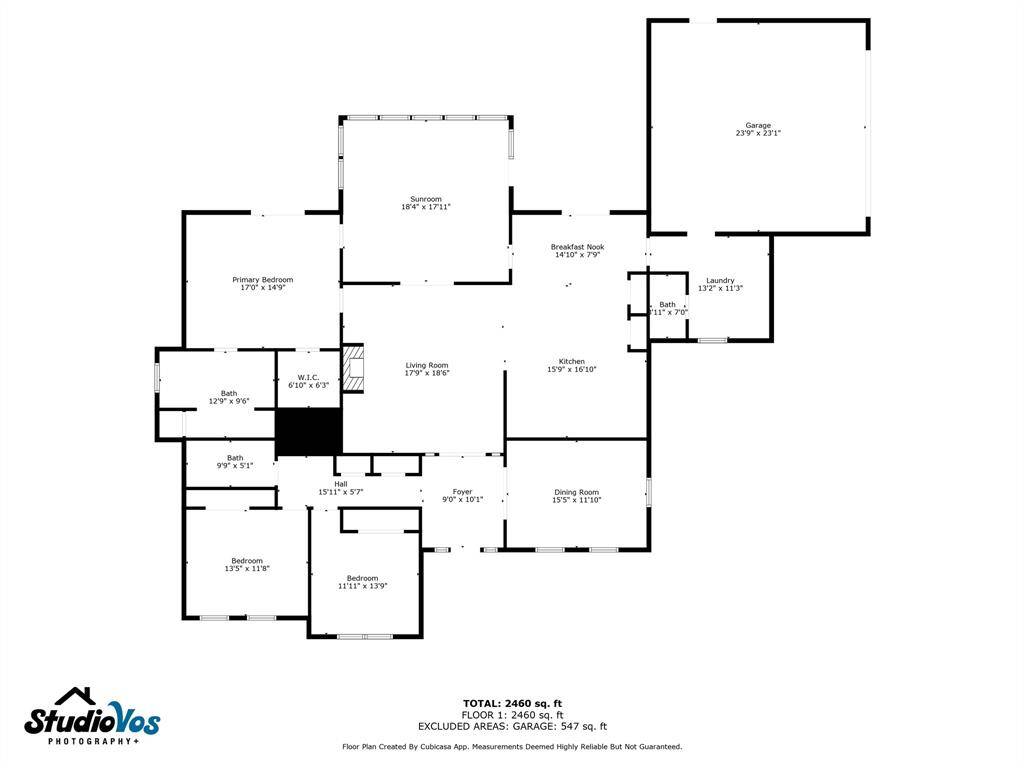 This floor plan features a spacious 2,460 sq. ft. layout with a primary bedroom, two additional bedrooms, and two and half bathrooms. The home includes a large living room, dining room, and a sunroom. The kitchen is adjacent to a breakfast nook, and there's a convenient laundry room. A 547 sq. ft. attached garage provides ample storage space.