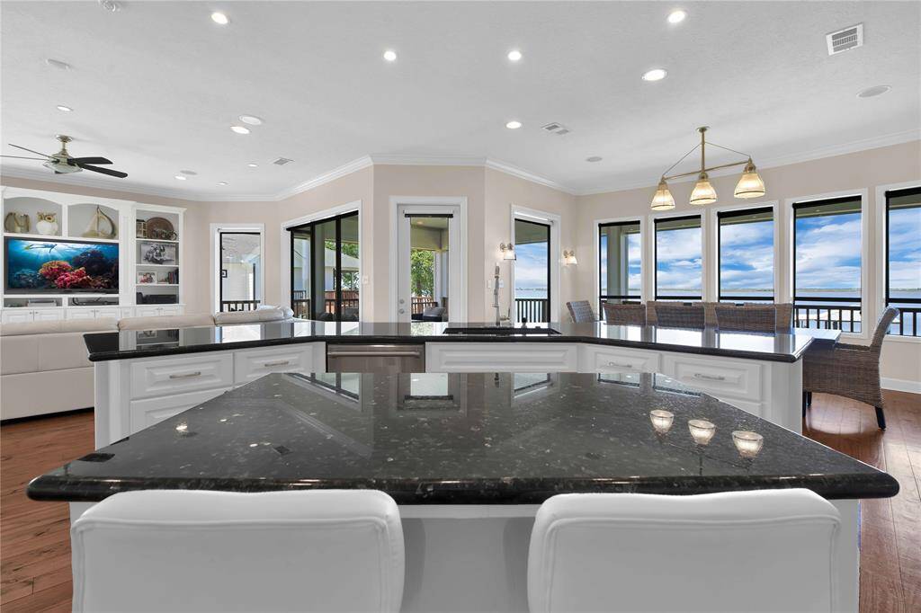 View from kitchen island into living room.