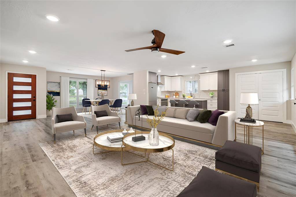 Open living dining, virtually staged