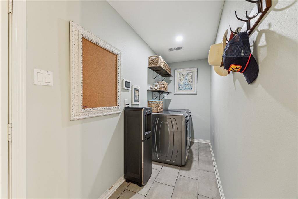 The laundry room is located between the family room and the garage.  There is extra space here for a family message board, backpacks, hats, dog leashes and more.