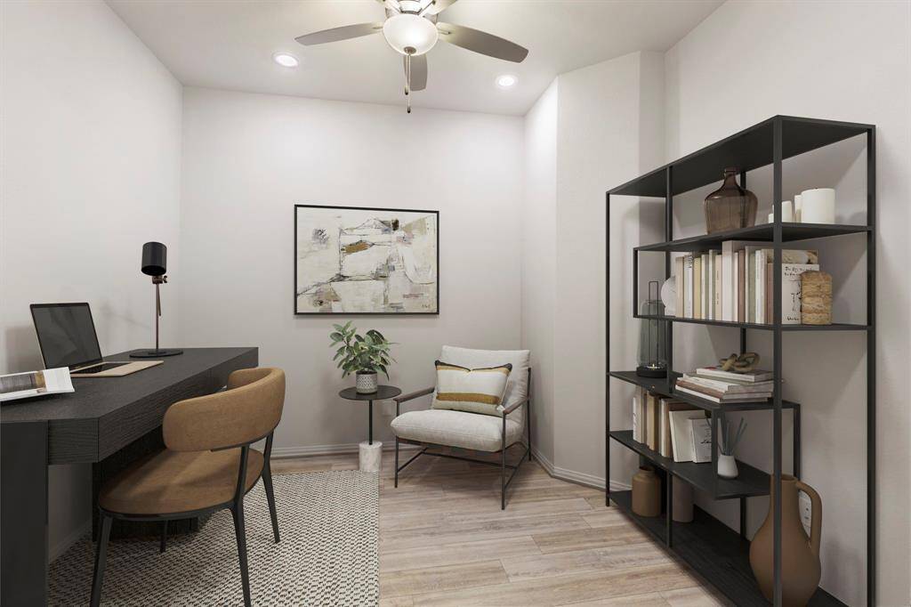 This virtually staged photo showings you the possibility of a private office or study with ceiling fans for circulation and recessed lighting.
