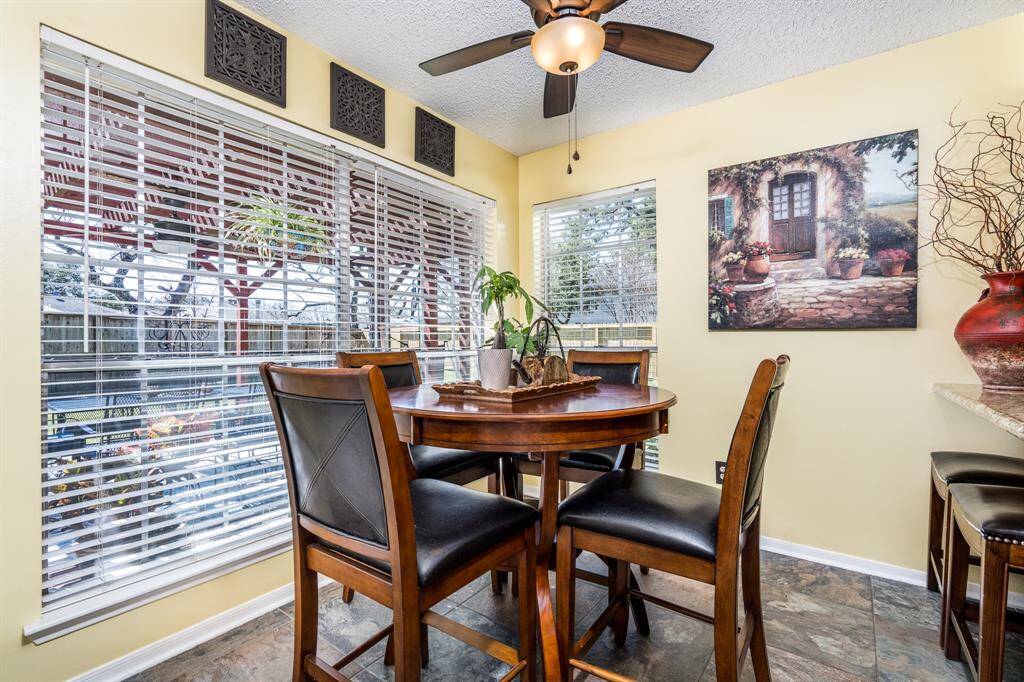 Situated in the middle of the house lies the kitchen. Here is the breakfast room, which is well-positioned to overlook the den, the kitchen, AND the back yard.