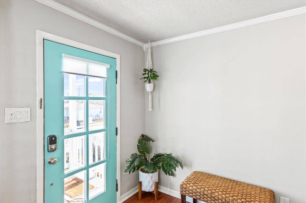 This is a bright entryway featuring a bold turquoise front door with glass panels, bringing in natural light. The space is complemented by a simple bench and a potted plant, creating a welcoming atmosphere.
