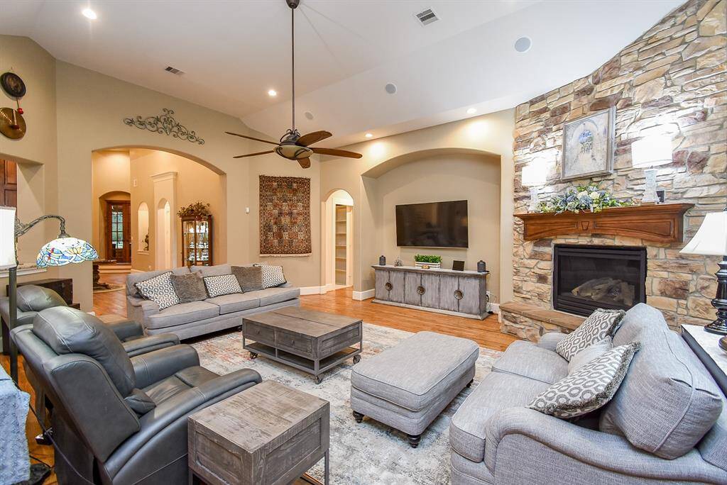 Lovely stone fireplace for warm, cozy nights.