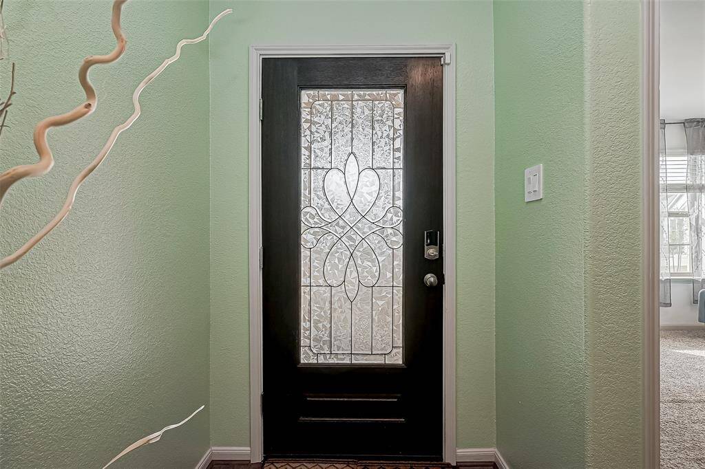 This entryway features a stylish black door with decorative frosted glass, set against light green walls. Natural light filters through the adjacent room, creating a welcoming atmosphere.
