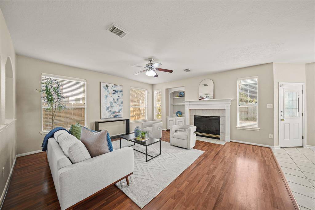 The family room is cozy and inviting. The gas fireplace is a nice focal point.
