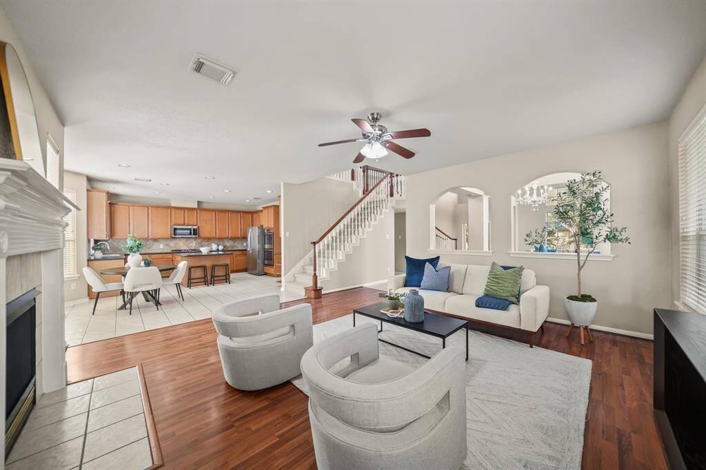 The family room opens up to the spacious kitchen.