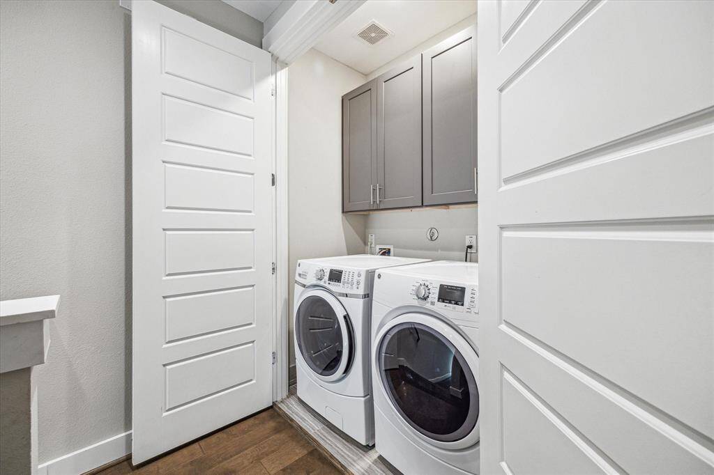 Conveniently located at the top of the stairs is the laundry room. Washer and dryer convey with the home.