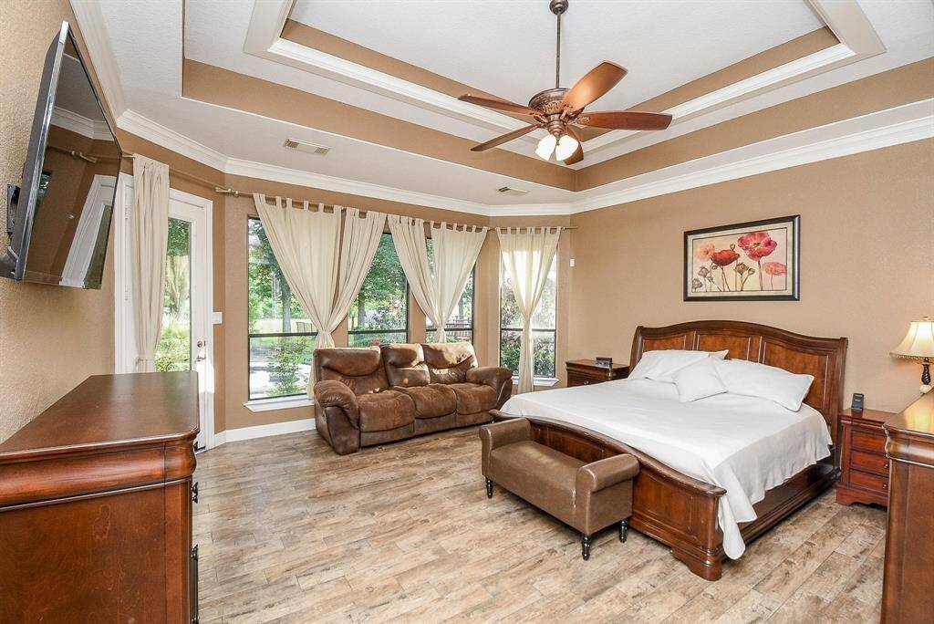 large master bedroom with tray ceiling and lots of windows