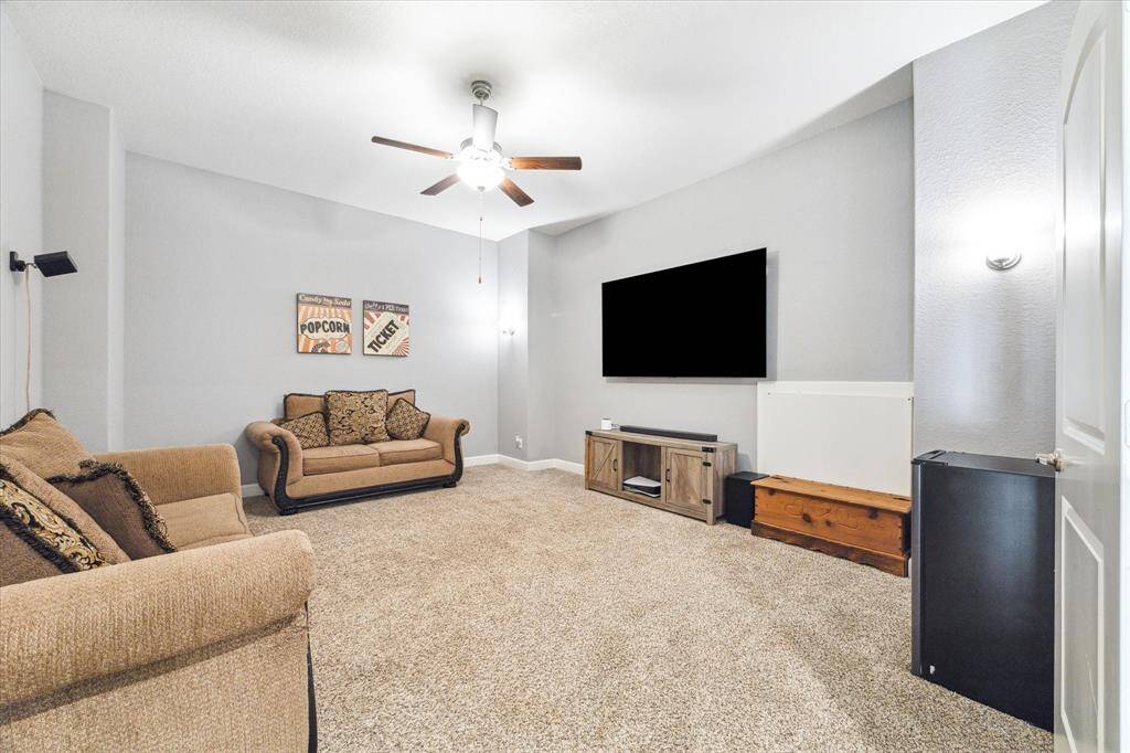 Upstairs media room is the perfect place to retreat for family fun and entertainment! This space is wired for surround sound and features wall sconce lighting as well as an overhead ceiling fan.