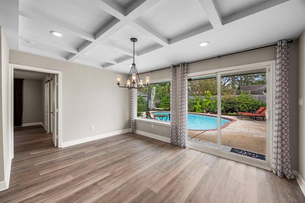 Dining area with pool views.