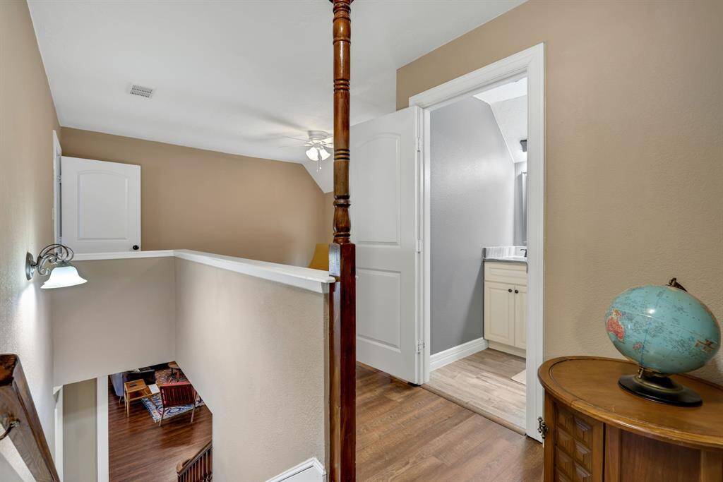 View from top of stairs game area is to the left of the bathroom
