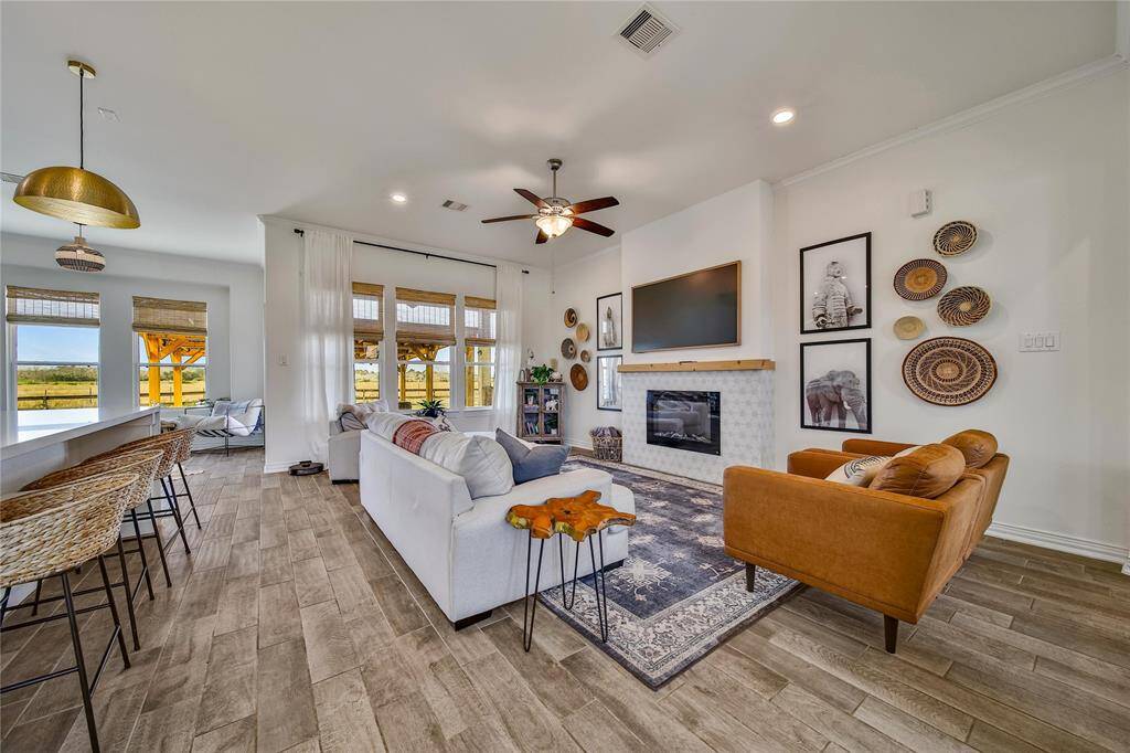 Looking from the dining area to the living room area.