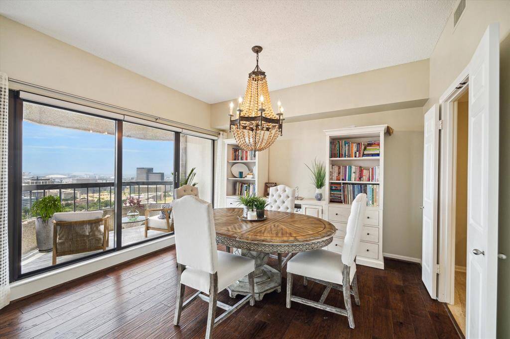 Condo features breathtaking views, rich hardwood floors and upgraded chandeliers and lighting.