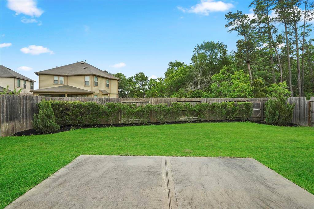 "Looking Out My Back Door" as the song goes, across expanded concrete patio. Fully Fenced, Fully Sprinkled, nice back fence covered with screening hedge./ back rt corner, a small gate opens privately onto woods - perfect for yr dog to go run, all back yards are fully fenced, so dog can only run in the woods. Immediately behind is a sloping shallow ditch, which the Community maintains - NICE!~!!