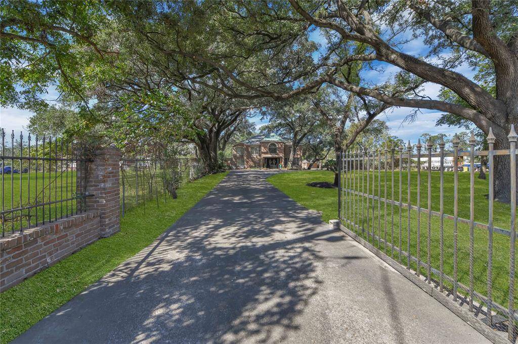 A serene, tree-lined driveway leading to securely enclosed property with an elegant iron fence, offering both privacy and sophistication.
