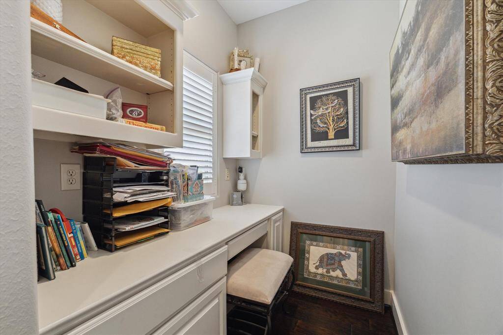 STUDY AREA OFF FRONT BEDROOM UPSTAIRS - with built-in desk, lower cabinets and open shelving above