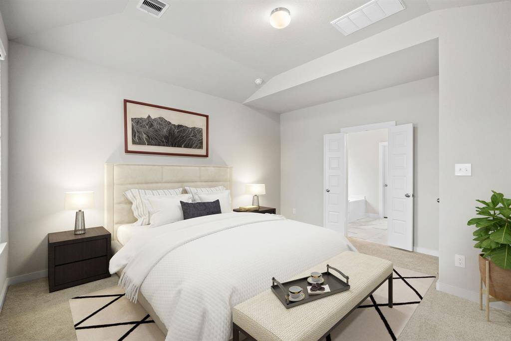 Escape the day's chaos and find serenity in the grand primary suite! Enjoy the comfort of plush carpeting, soothing paint hues, high ceilings, and large windows fitted with privacy blinds. Sample photo of completed home with similar floor plan. As-built interior colors and selections may vary.