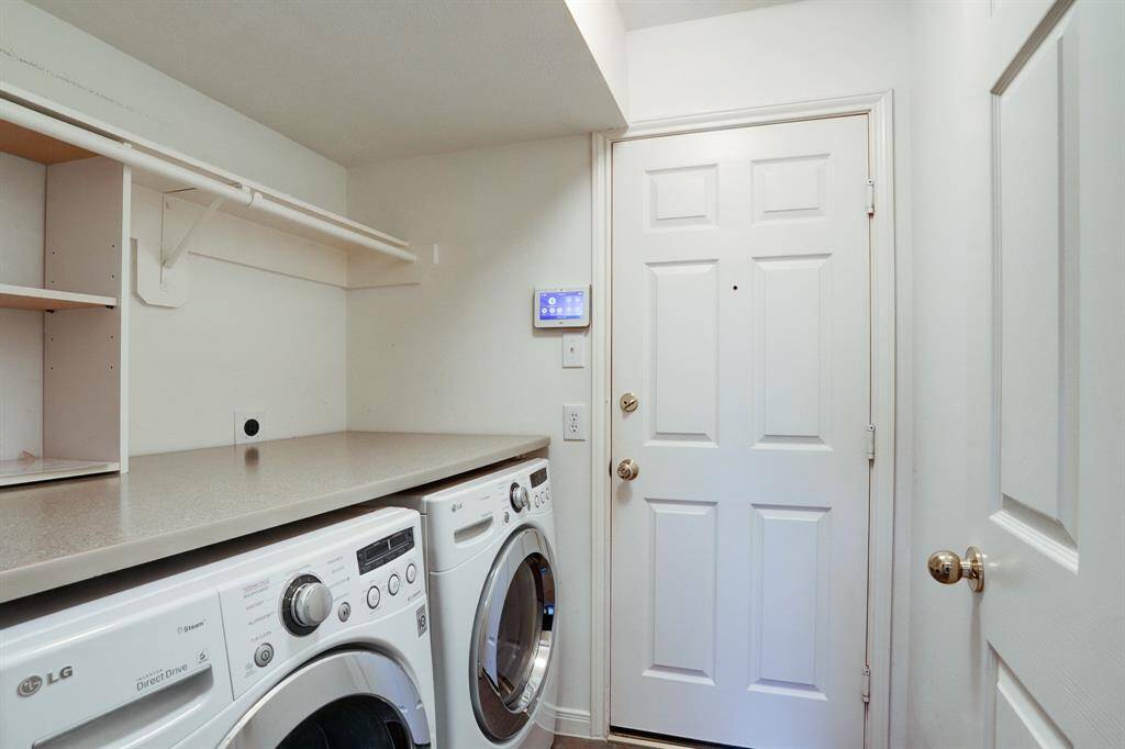 The utility room is between the garage and the hallway for the half bath. The washer and dryer are included in the lease.