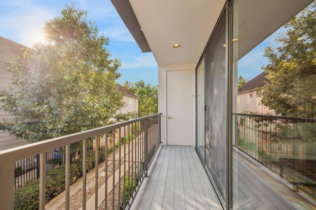 Balcony has a storage closet to hideaway outdoor items.