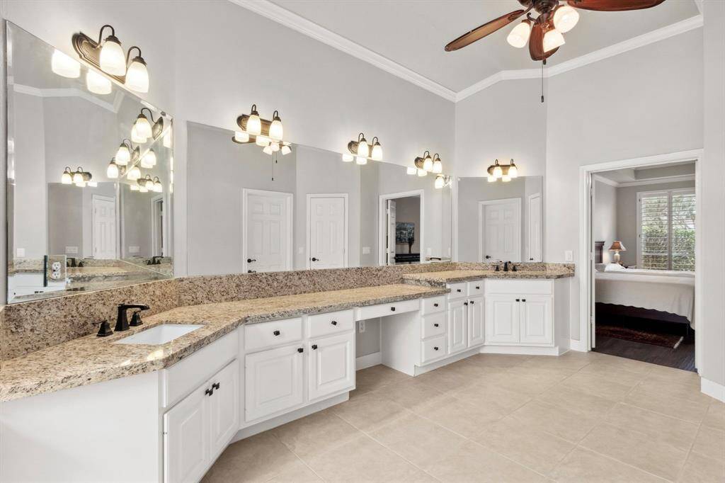 An incredible amount of space!  The entire wall of mirrors is well lit above the double sinks & large vanity area that also offers a space for seating.  A huge walk-in closet is an added luxury.