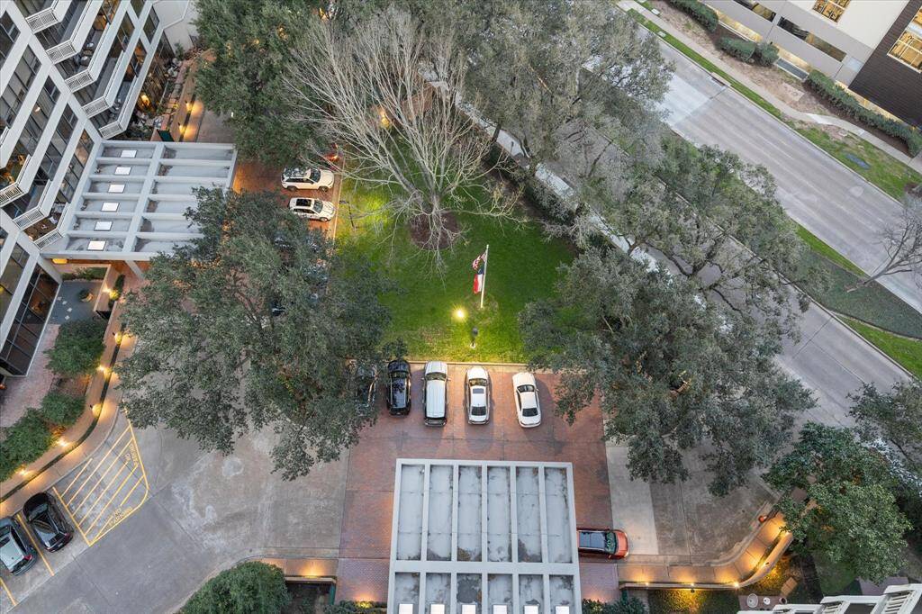 Looking down from the balcony you can see one of the many green spaces