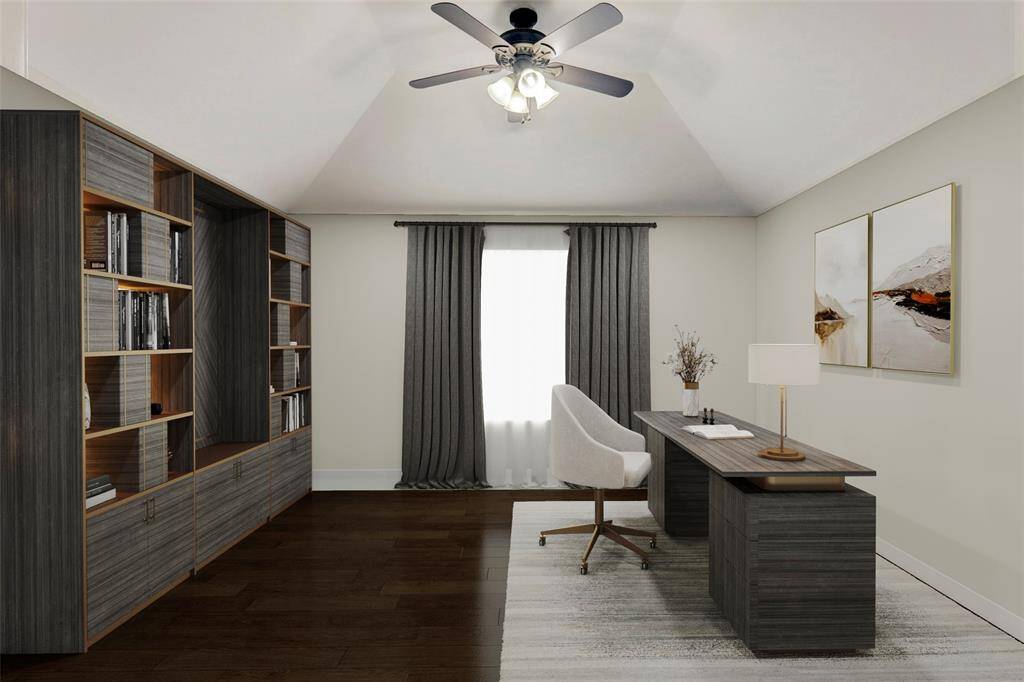 This versatile home office showcases a vaulted ceiling and neutral palette that create a bright, open environment ideal for work or study. It’s a refined, functional setting designed to inspire creativity and efficiency. (Digitally Staged)