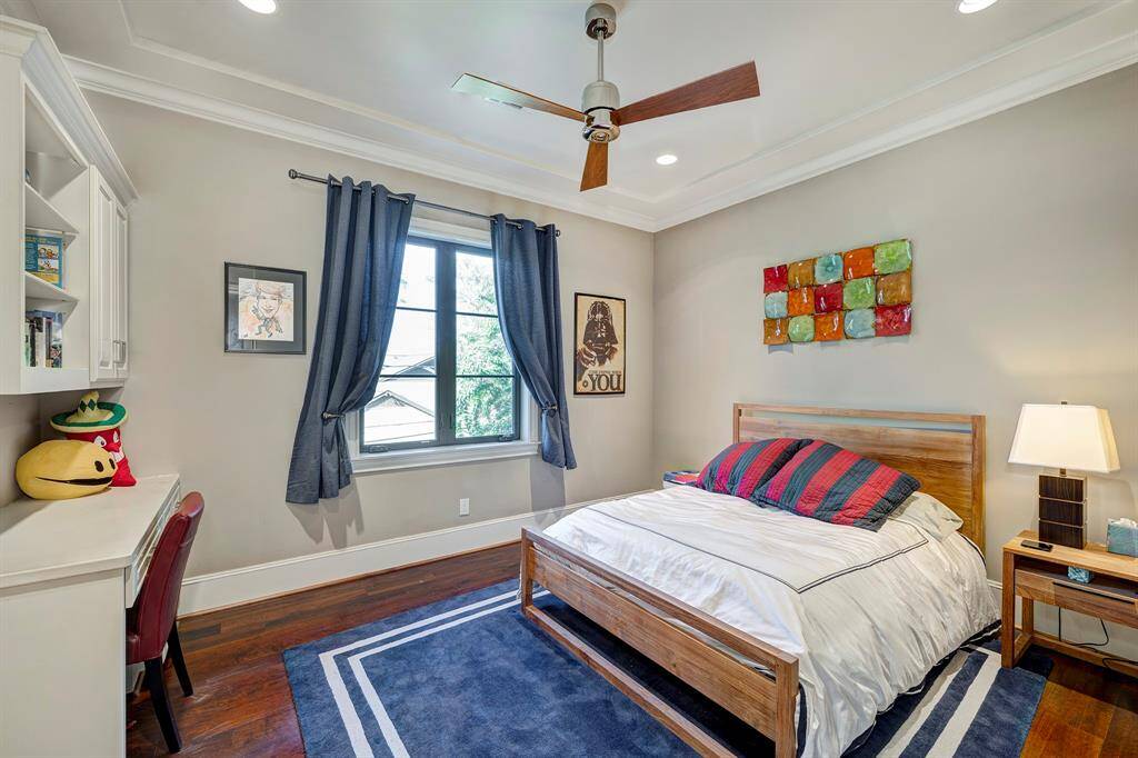 Bedroom up to the right is closest to the potential elevator closet and laundry room. Private bath and desk. Walk in closet. Drapes stay.