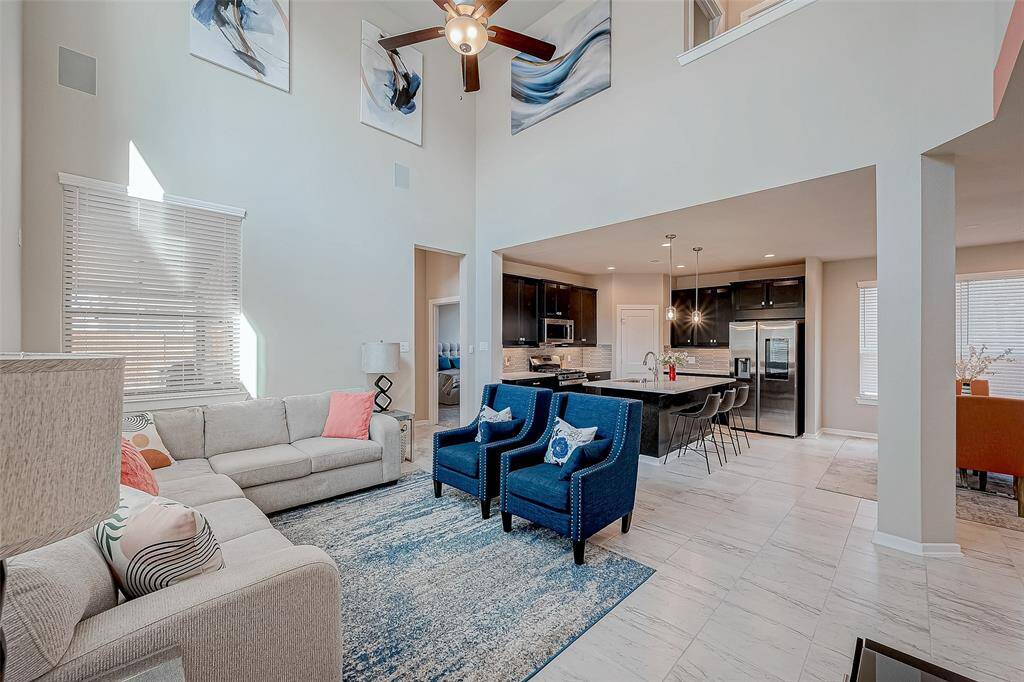 Enjoy your spacious, open-concept living area with high ceilings and abundant natural light. The open floorplan creates a seamless flow connecting the living room, kitchen, and dining area.