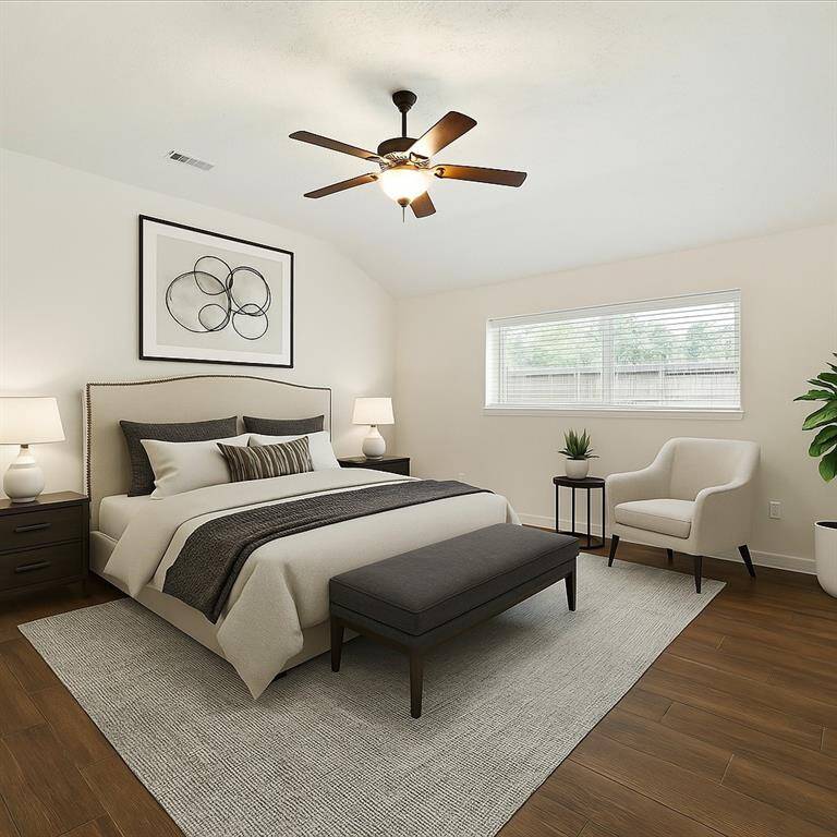 Virtually staged -Primary bedroom is generously sized with a walk in closet to the left and ensuite to the right.