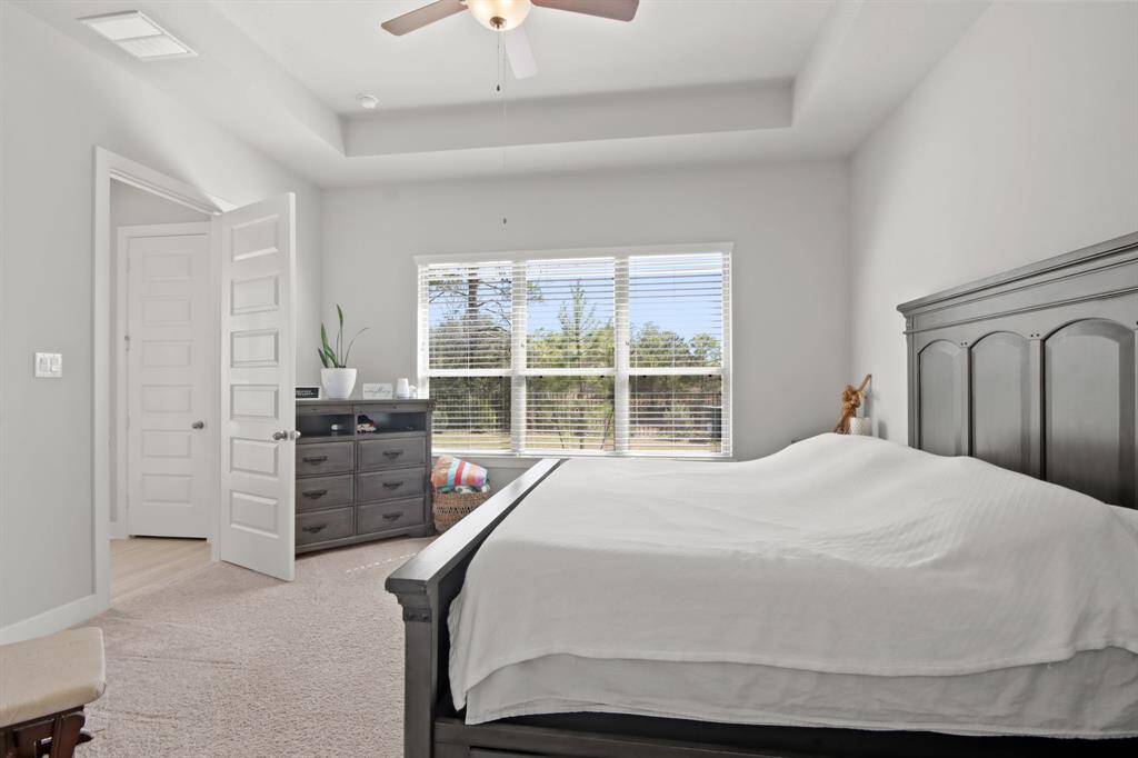 Primary bedroom has a beautiful view of the green space. No backyard neighbors are a plus.