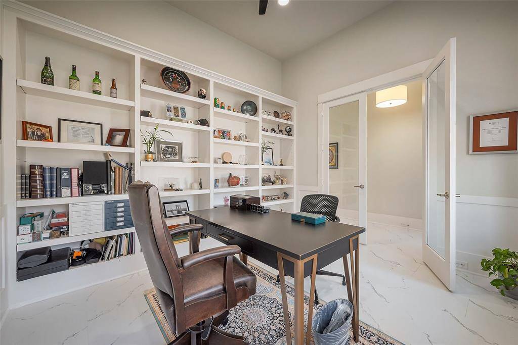 Private study with double glass door and library bookcase