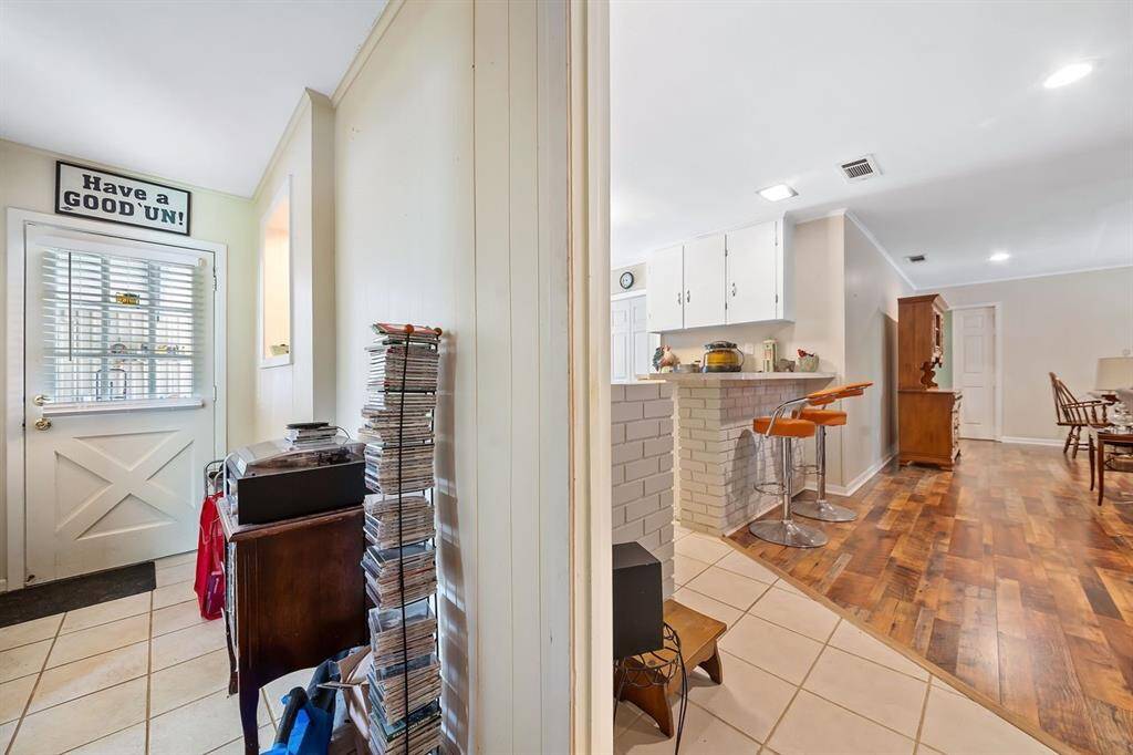Back door and view of kitchen/family