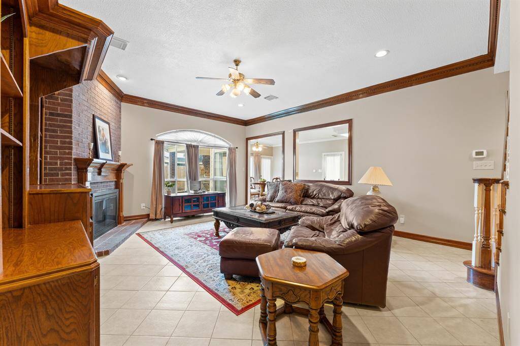 Family room with built in shelving
