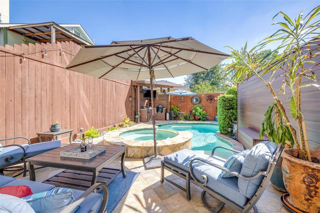 Fantastic private landscaped backyard with heated salt water pool & spa, new outdoor kitchen 2024, new fence, outdoor shower, BBQ & sink
