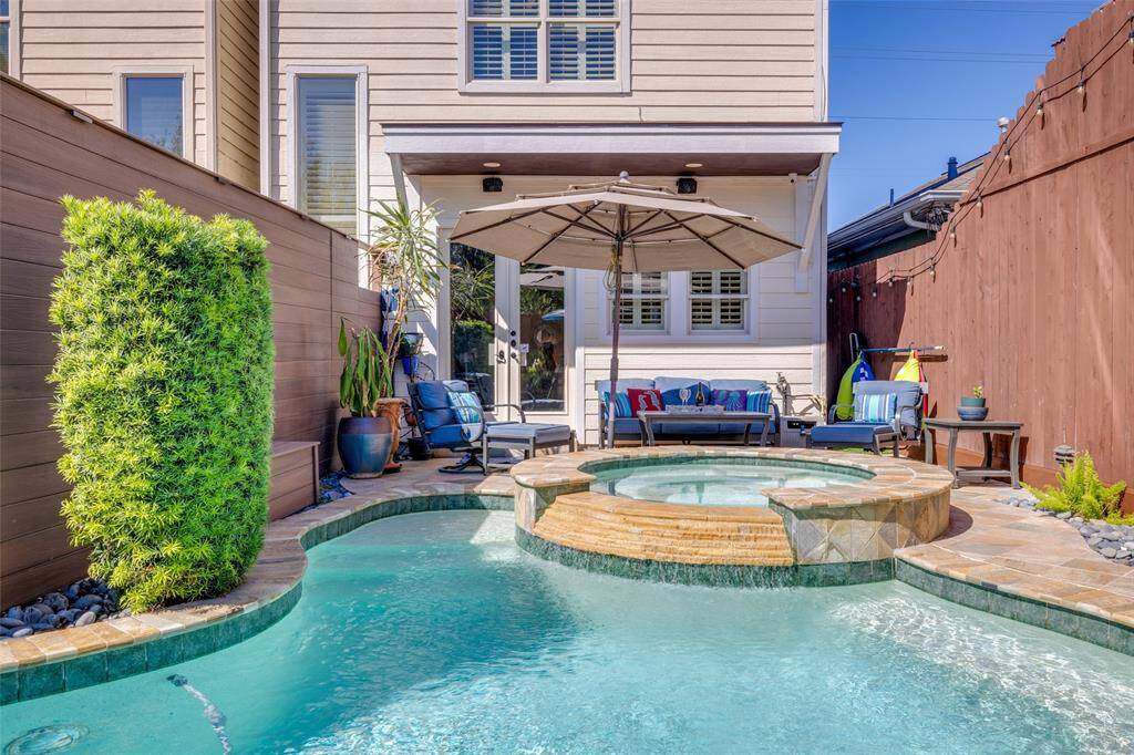 Fantastic private landscaped backyard with heated salt water pool & spa, new outdoor kitchen 2024, new fence, outdoor shower, BBQ & sink