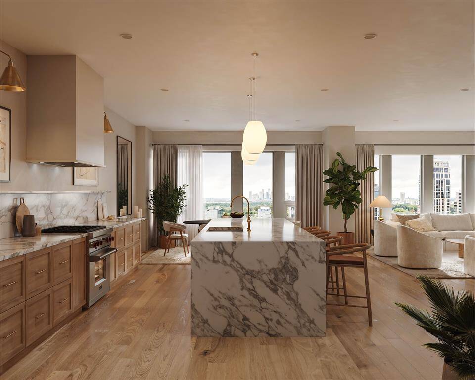 *KITCHEN VIRTUAL RENDERING* Elevate your culinary experience in this penthouse kitchen, ready to be customized to perfection on the 25th floor. With over 8,000 sq. ft. of luxury living space in the prestigious Belfiore, this blank canvas offers stunning views of downtown Houston and Uptown from two expansive balconies. Design your dream kitchen with your preferred finishes and materials, all while enjoying top-tier amenities like 24/7 concierge service, valet parking, and exclusive outdoor spaces.