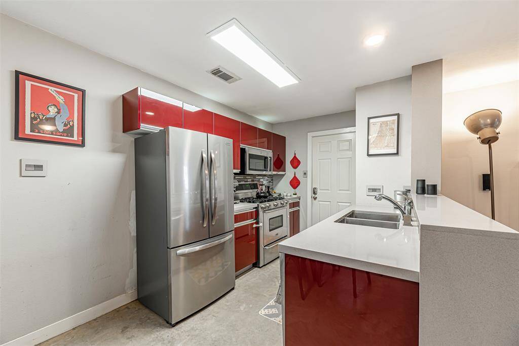Modern flat front cabinets and stainless steel appliances