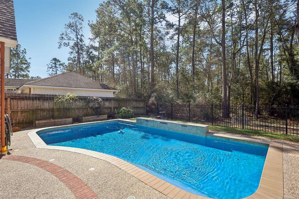 Serene pool with a lush greenbelt backdrop.